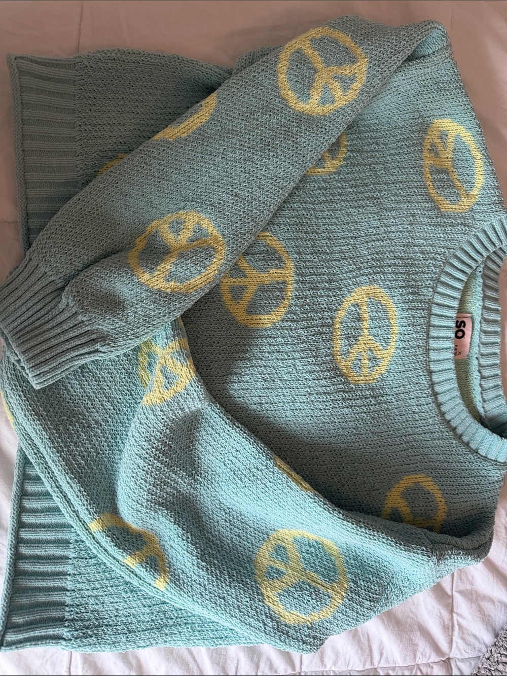 SO Girls Mint Blue Knit Sweater with Yellow Peace Sign Pattern